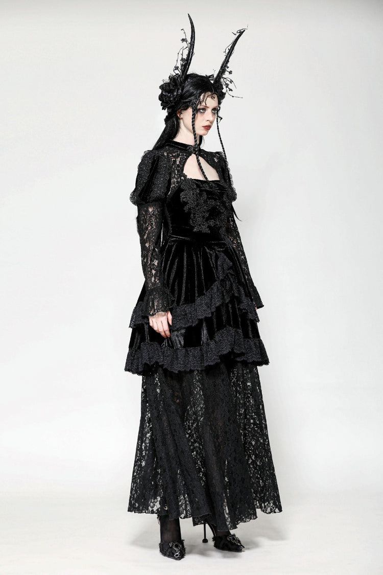 Black Long Puff Sleeves Cut-Out Lace Spliced Velvet Lace-Up Women's Gothic Princess Evening Dress