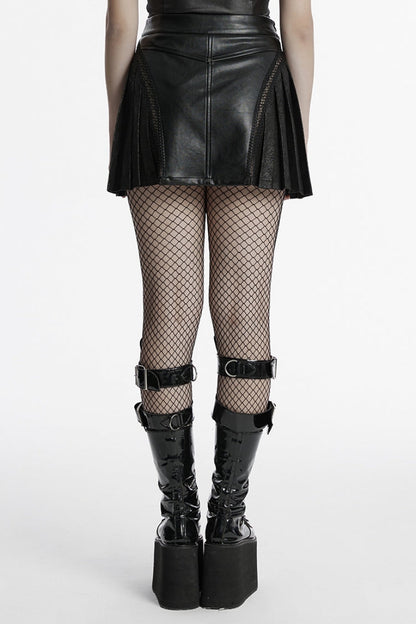Black Faux Leather Pleated Stitching Women's Punk Skirt