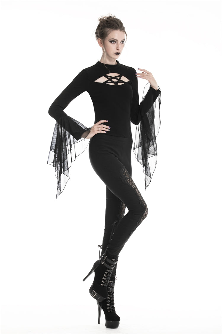 Black Floral Cut-Out Lace-Up Women's Gothic Leggings