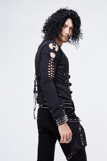Black Jacquard Splice Heat Seal Backing Chest Loop Lace Up Men's Punk Waistcoat