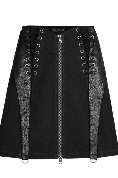 Black Faux Leather Cross Strap Design Metal Zipper Decoration High Waist Women's Punk Skirt