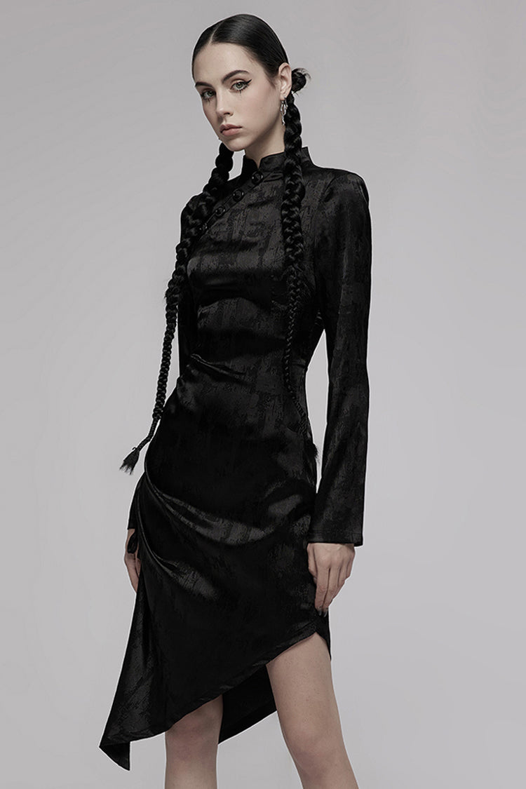Black Jacquard Cotton Fabric Improved Cheongsam Pointed Hem Drawstring Design Cheongsam Collar Long Sleeve Long Women's Punk Dress