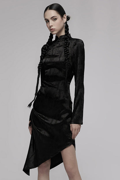 Black Jacquard Cotton Fabric Improved Cheongsam Pointed Hem Drawstring Design Cheongsam Collar Long Sleeve Long Women's Punk Dress