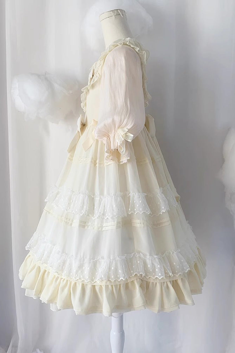 Beige Lace Cool Angel Short Sleeves Bowknot Ruffle Sweet Lolita Dress