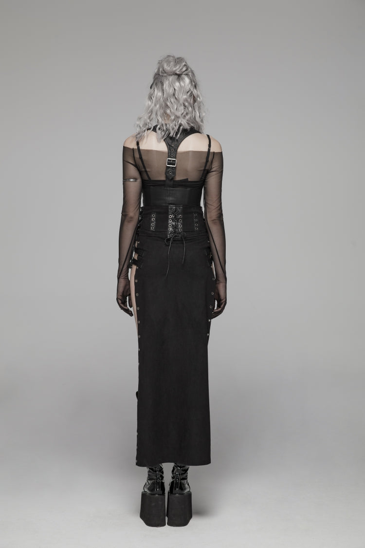 Black Metal Buckle PU Leather Buckle Lace-Up Sheer Women's Steampunk Long Skirt
