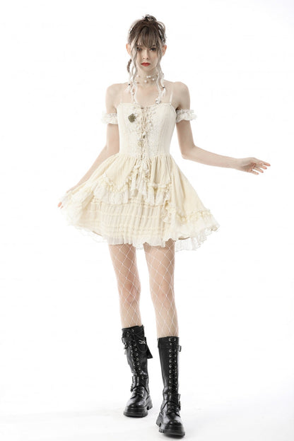 Apricot Short Sleeves Multi-Layered Ruffled Lace Women's Steampunk Slip Graduation Dress