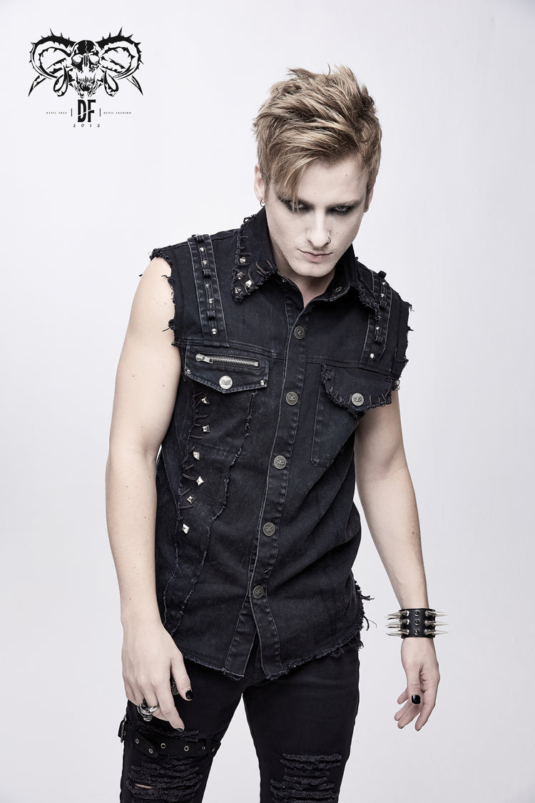 Black Faded Shoulder Bullet Clip Rivet Men's Punk Waistcoat