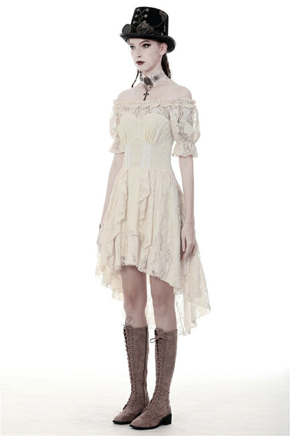Beige Ruffled Off Shoulder Short Sleeves Ruched Women's Steampunk Vintage Gorgeous Graduation Dress