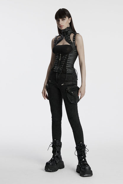 Black Domineering High Collar Sleeveless Lace-Up Rivet Women's Punk Corset