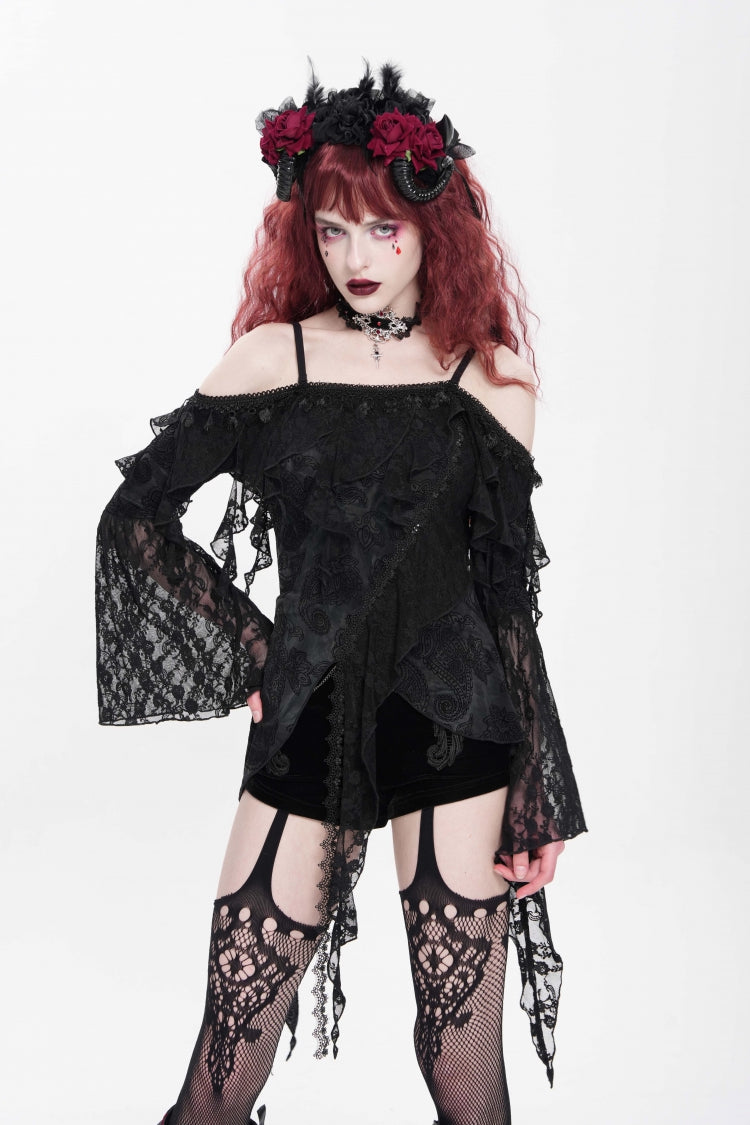 Black Off Shoulder Long Trumpet Sleeves Ruffle Women's Gothic Slip Blouse