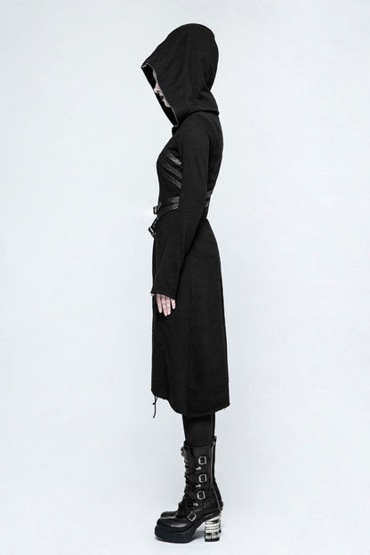 Black Long Sleeves Hooded Asymmetric Women's Gothic Military Coat With Belt