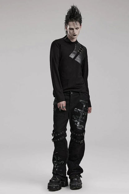 Black Long Sleeves Faux Leather Stitching Mens Steampunk Blouse