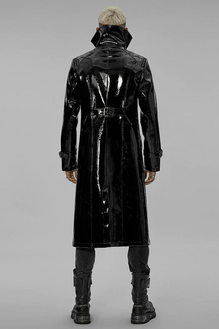 Black Dual Stand Collar Metal Buckle Patent Leather Stitching Mens Steampunk Coat