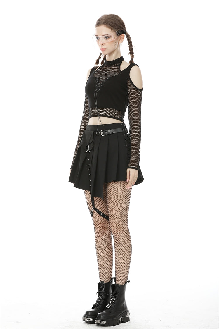 Black Off Shoulder Long Sleeves Lace-Up Chest Straps Sheer Mesh Women's Punk Top