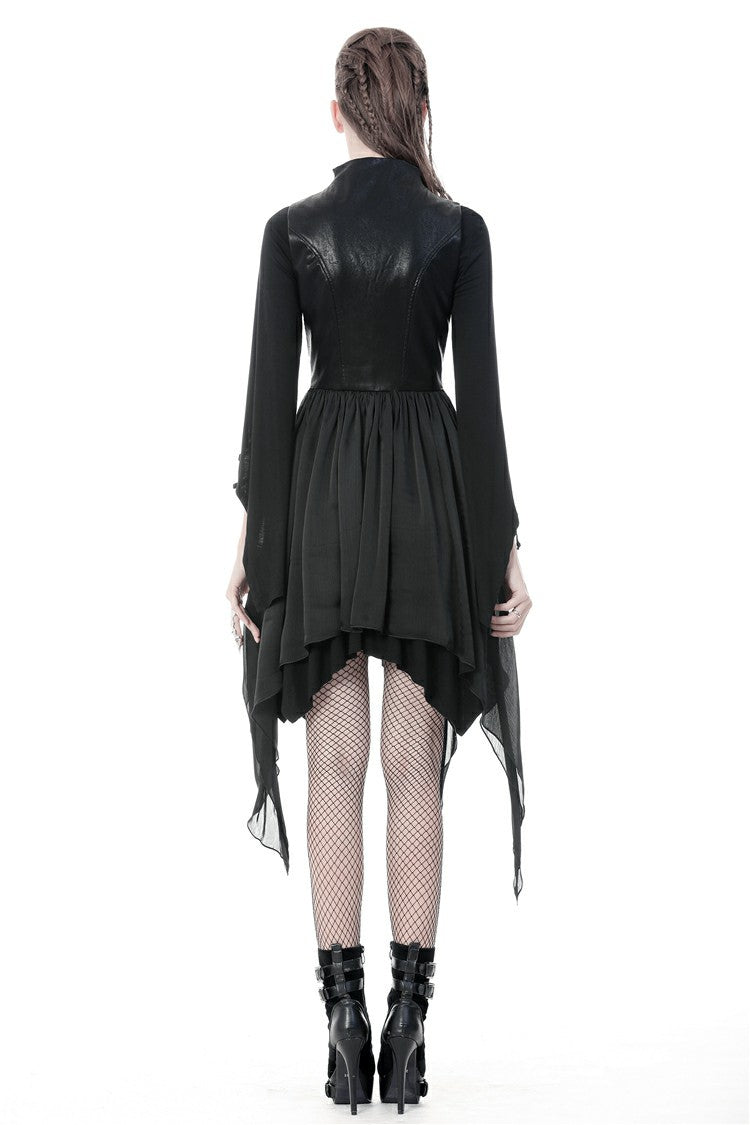 Black Chiffon Sleeveless Cut-Out Chest Irregular Hem Lace-Up Buckled Women's Punk Jacket