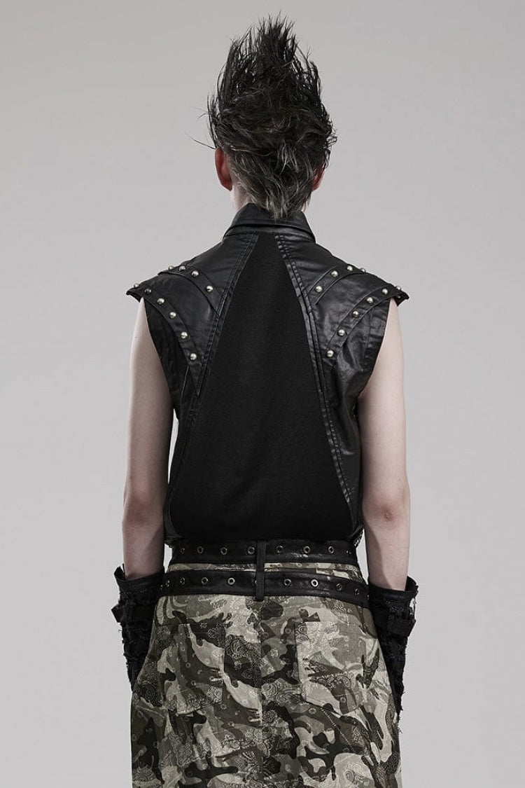 Black Faux Leather Stitching Mesh Sheer Metal Rivets Mens Steampunk Vest