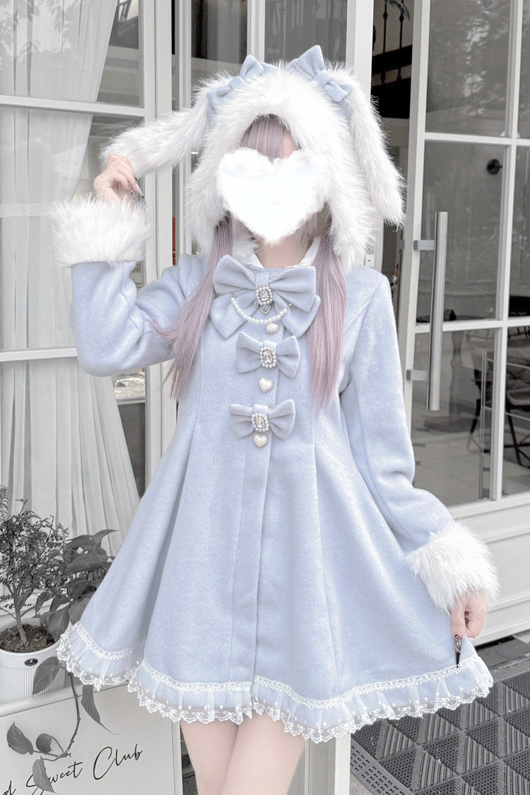 Aqua Long Sleeves Bowknot Rabbit Ears Detachable Hooded Japanese Jirai Kei Coat