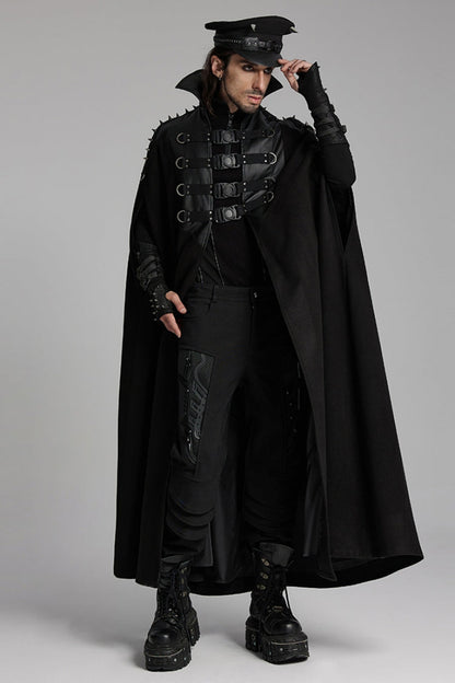 Black High Collar Faux Leather Stitching Mesh Rivet Buckle Women's Punk Cloak