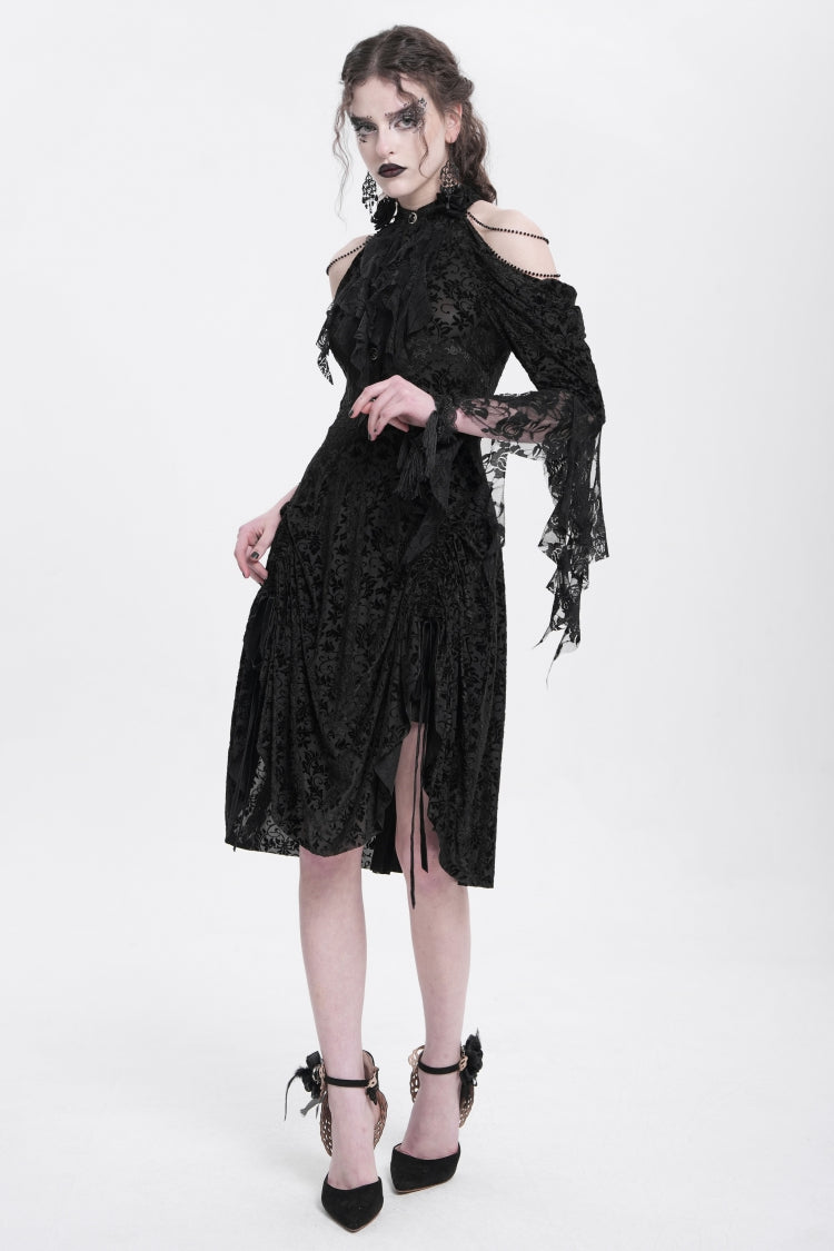 Black Off Shoulder Drawstring Jacquard Embroidery Women's Gothic Party Dress