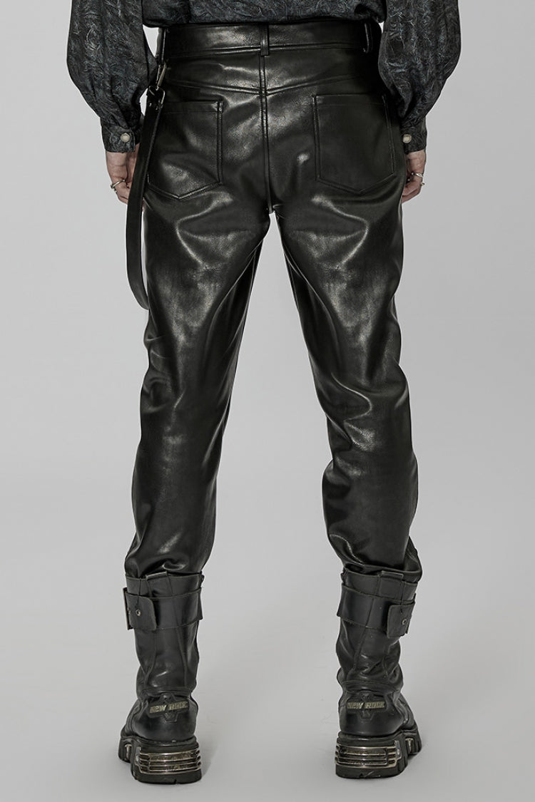 Black Faux Leather Detachable Metal Side Straps Men's Steampunk Pants