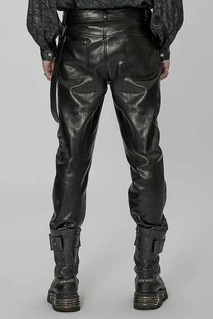 Black Faux Leather Detachable Metal Side Straps Men's Steampunk Pants