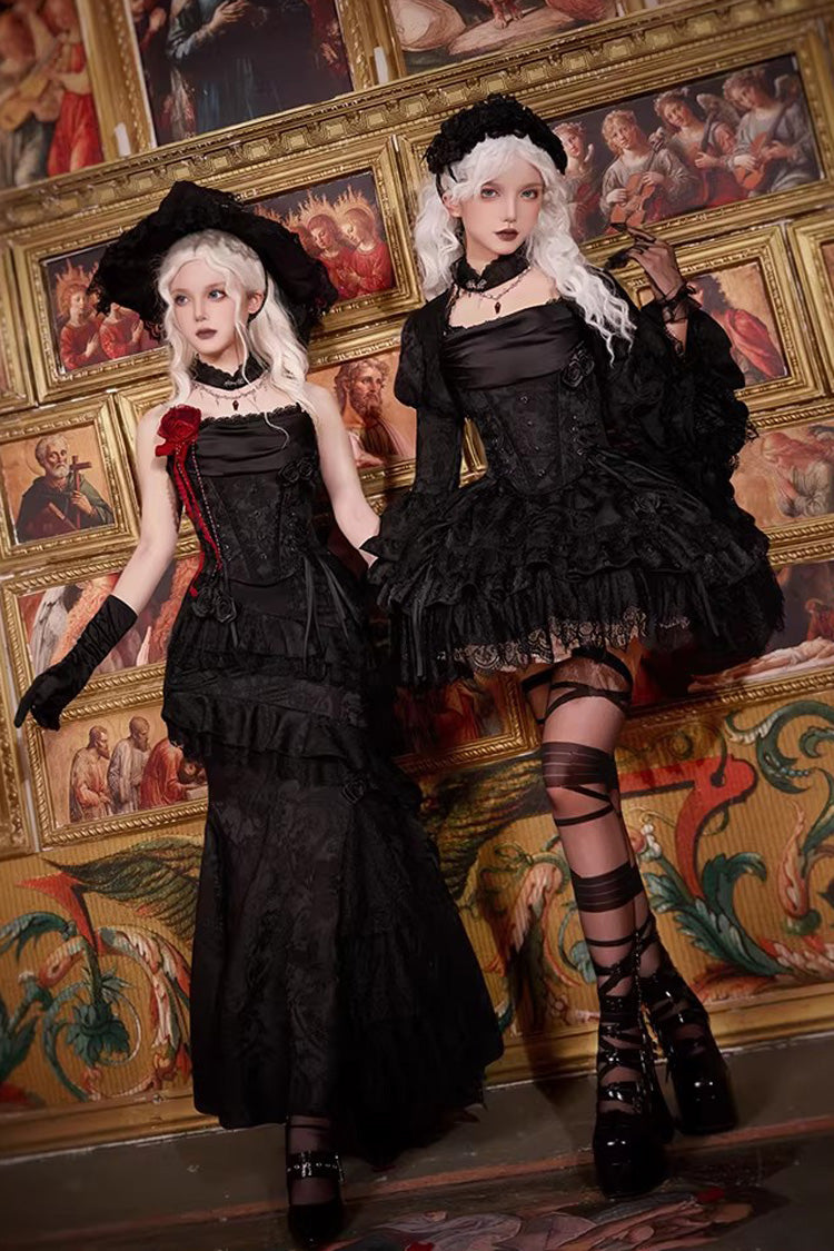 Black  [Letters & Poems · Twilight] Multi-Layered Jacquard Ruffled Witch Gothic Lolita Skirt 2 Versions