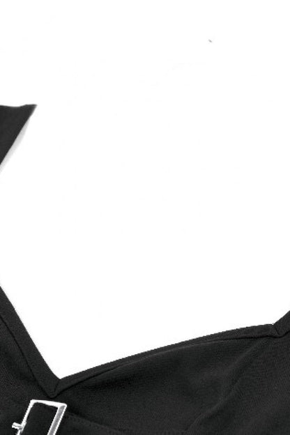 Black Mesh Spliced Long Sleeves Buckled Strap Eyelet Women's Punk Top