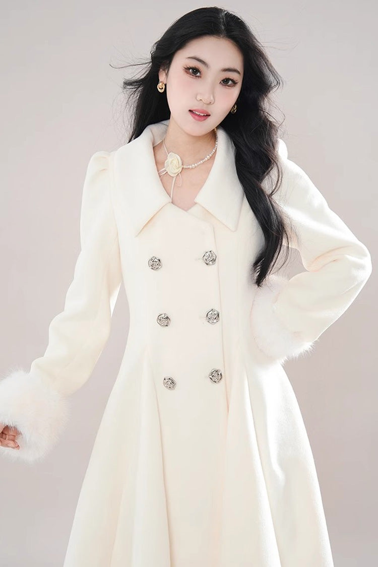 Beige Double-breasted Long Sleeves Removable Fur Collar Sweet Elegant Princess Lolita Coat