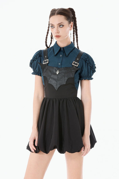Black Bat Wing Buckled Women's Gothic Suspender Dress Graduation Dress with Tail
