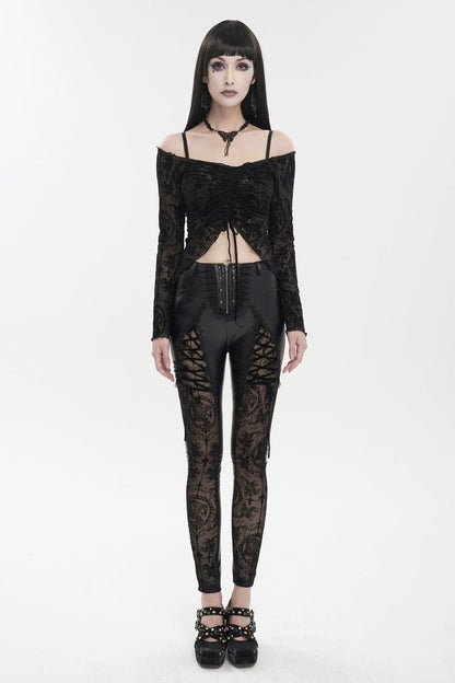 Black Flocked Stretch Slim Thigh Lace String Adjustable Women's Gothic Leggings