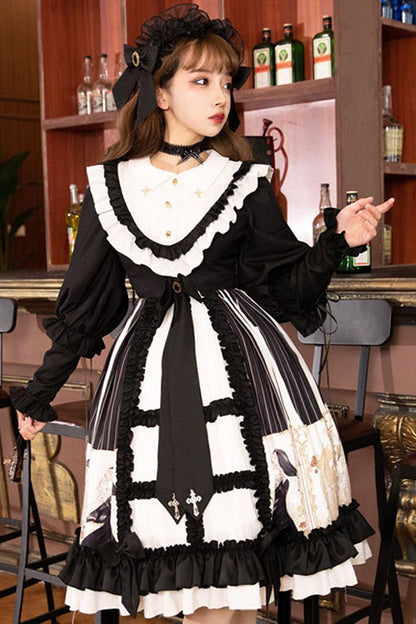 Black Doll Collar Long Sleeves Ruffled Anthem Print Gothic Lolita OP Dress