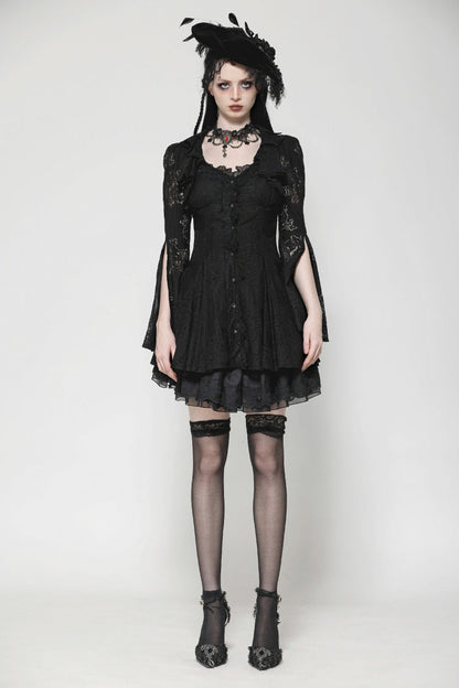 Black Long Trumpet Sleeves Embroidered Lace Lace-Up Women's Gothic Honeymoon Dress