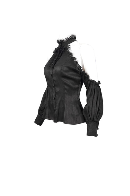 Black Lantern Sleeves Off The Shoulder Halter Lace Ruffled Women's Gothic Shirt