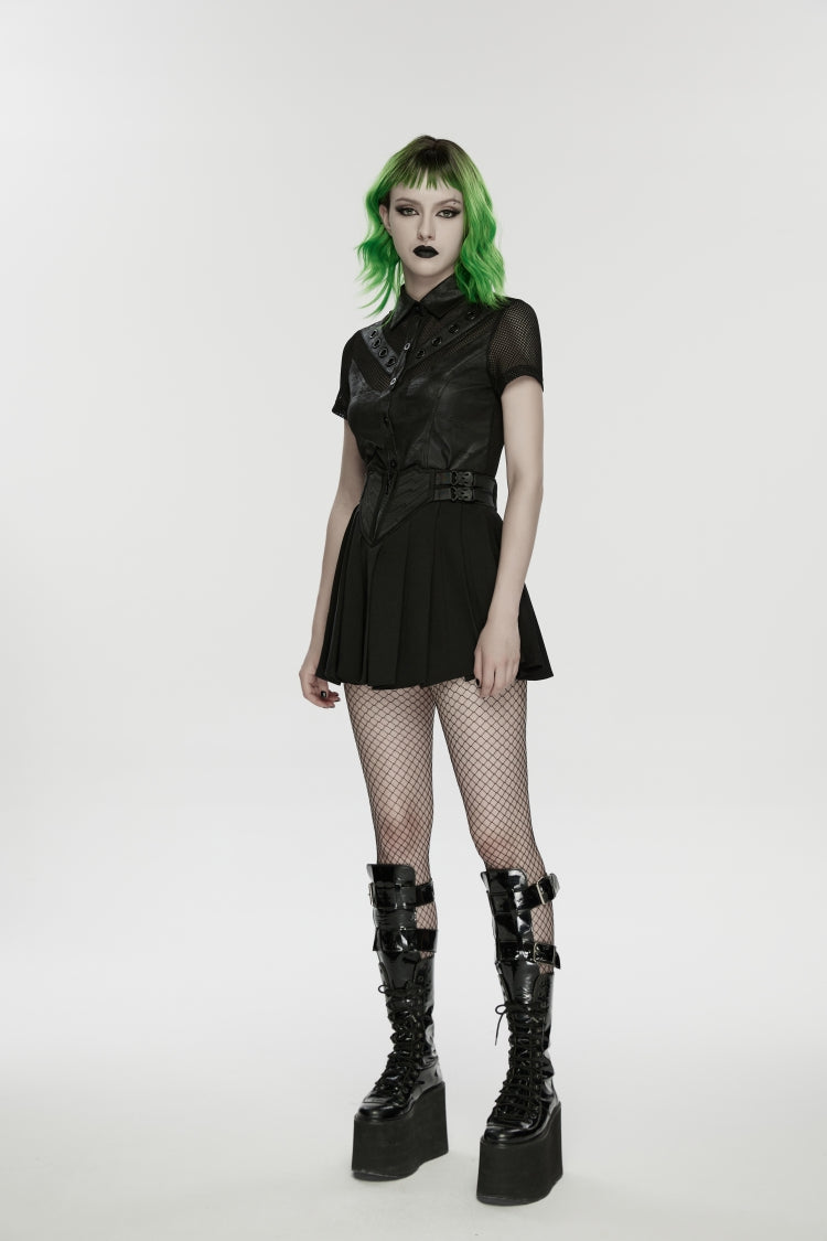 Black Buckled Zippered Pleated Women's Punk Skirt