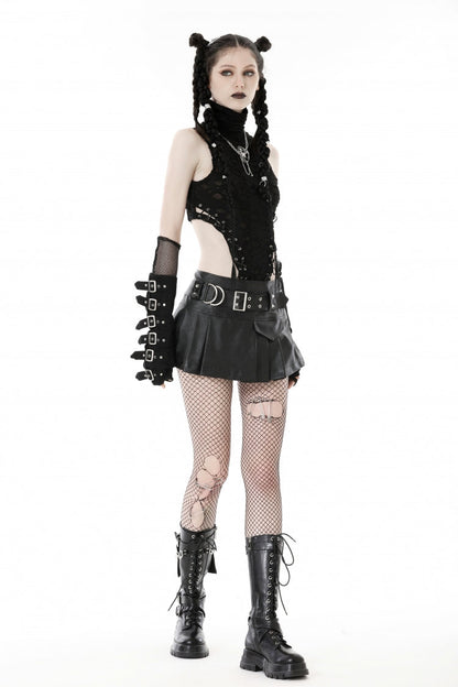 Black Faux Leather Metal Belt Buckled Pleated Women's Punk Mini Skirt