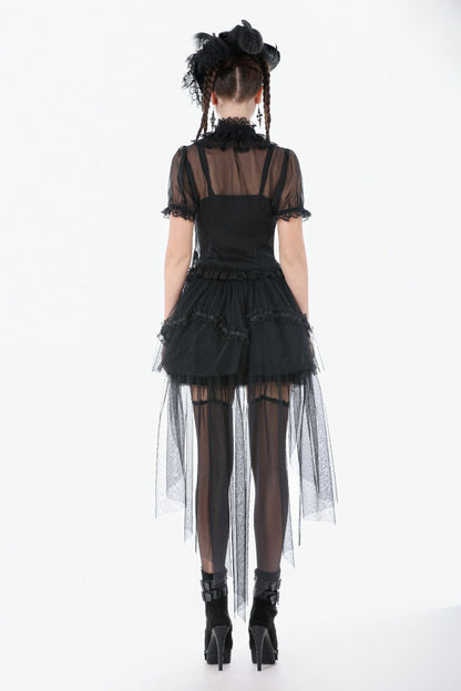 Black Multi-Layered Ruffled Lace Short Puff Sleeves Sheer Women's Courtly Gothic Blouse