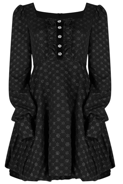 Black Flower Type Pearl Nail Square Neck Tucked Waist Flower Bud Women's Punk Dress