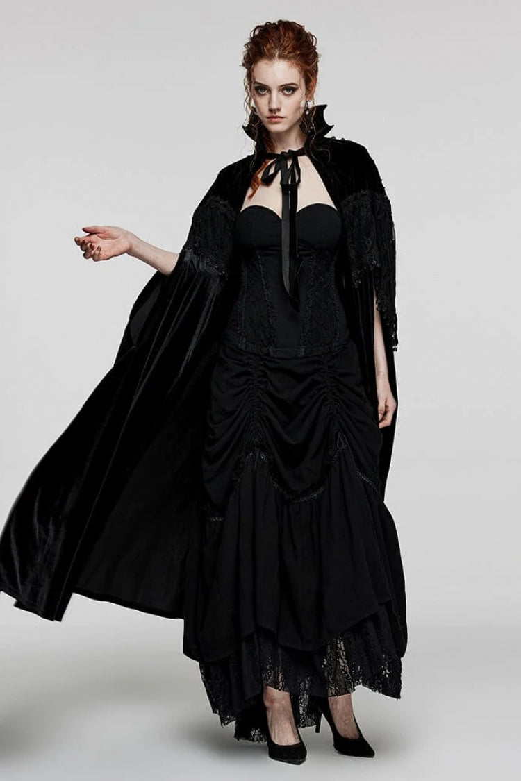 Black Bat Stand Collar Stitching Lace Nails Decorated Womens Gothic Cloak
