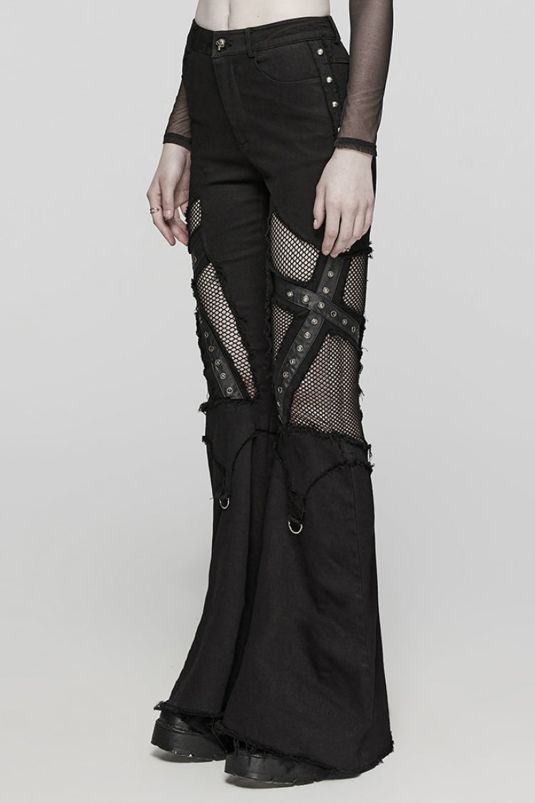 Black Mesh Women's Punk Eyelet Ring Flared Pants