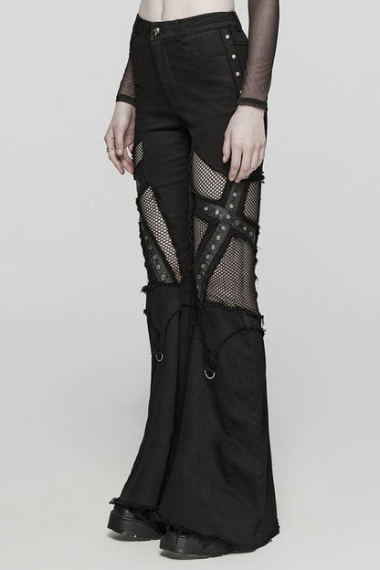 Black Mesh Women's Punk Eyelet Ring Flared Pants