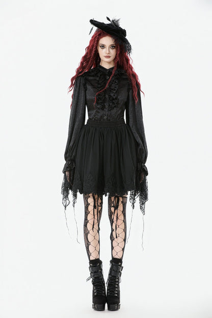 Black Long Lantern Sleeves Ruffled Spliced Lace Women's Gothic Blouse