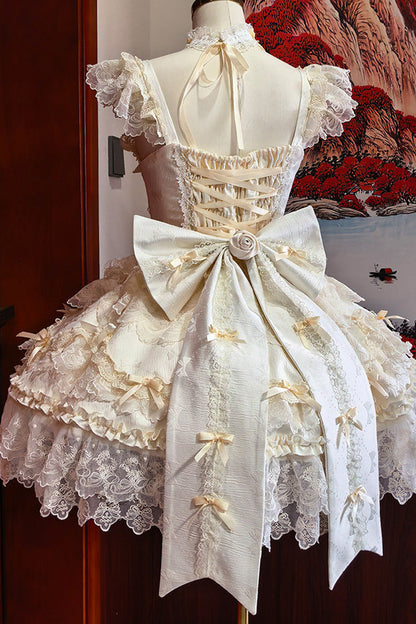 Apricot [Rose Feather Romance] Square Collar Ruffled Bow Lace Ballet Sweet Lolita Jsk Dress