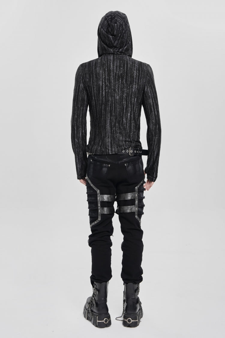Black Long Sleeves Irregular Hooded Straps Eyelet Men's Punk Blouse