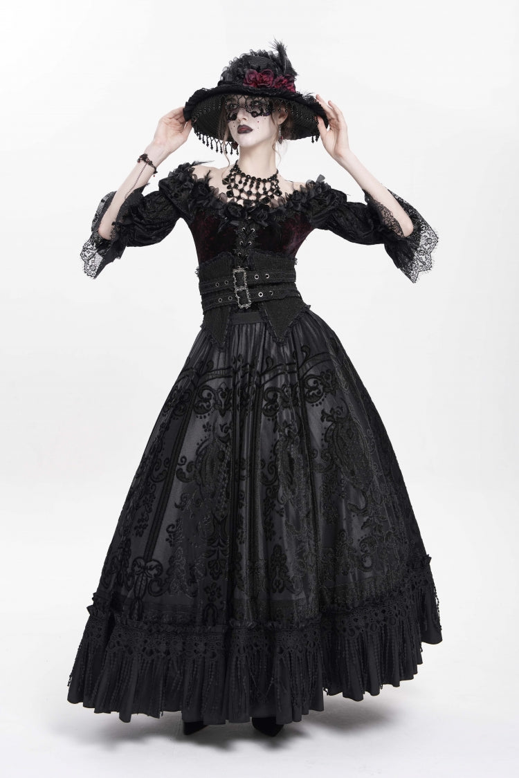 Black Jacquard Embroidery Buckle Tassels Women's Gothic Long Skirt