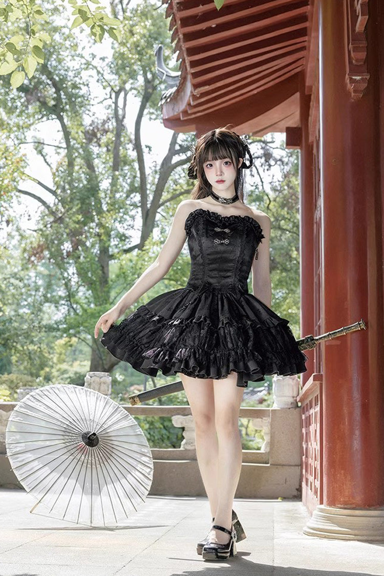 Black Bamboo Dream Multi-layer Dark Pattern Print Ruffle Gothic Lolita Skirt Set