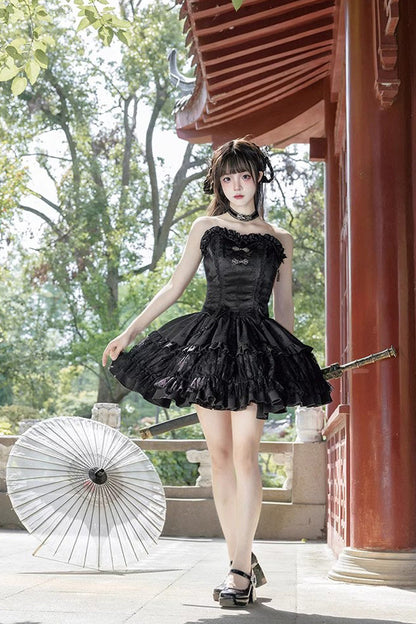 Black Bamboo Dream Multi-layer Dark Pattern Print Ruffle Gothic Lolita Skirt Set