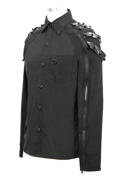 Black Long Sleeve Shoulder Zipper Mens Punk Blouse