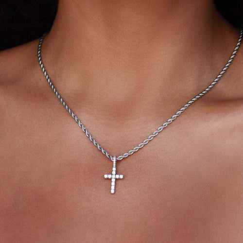 4mm Rope Necklace + Micro Diamond Cross Bundle in White Gold